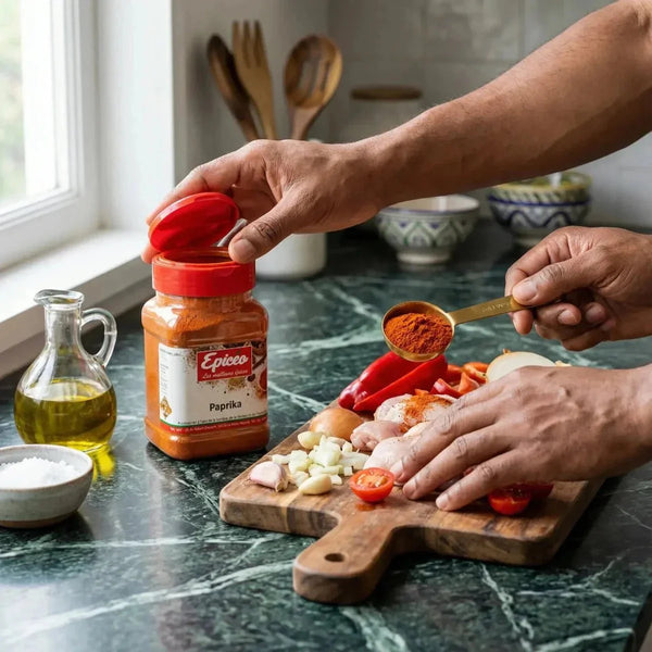 Paprika EPICÉO saupoudré sur une préparation culinaire. Plan de travail avec légumes, huile.