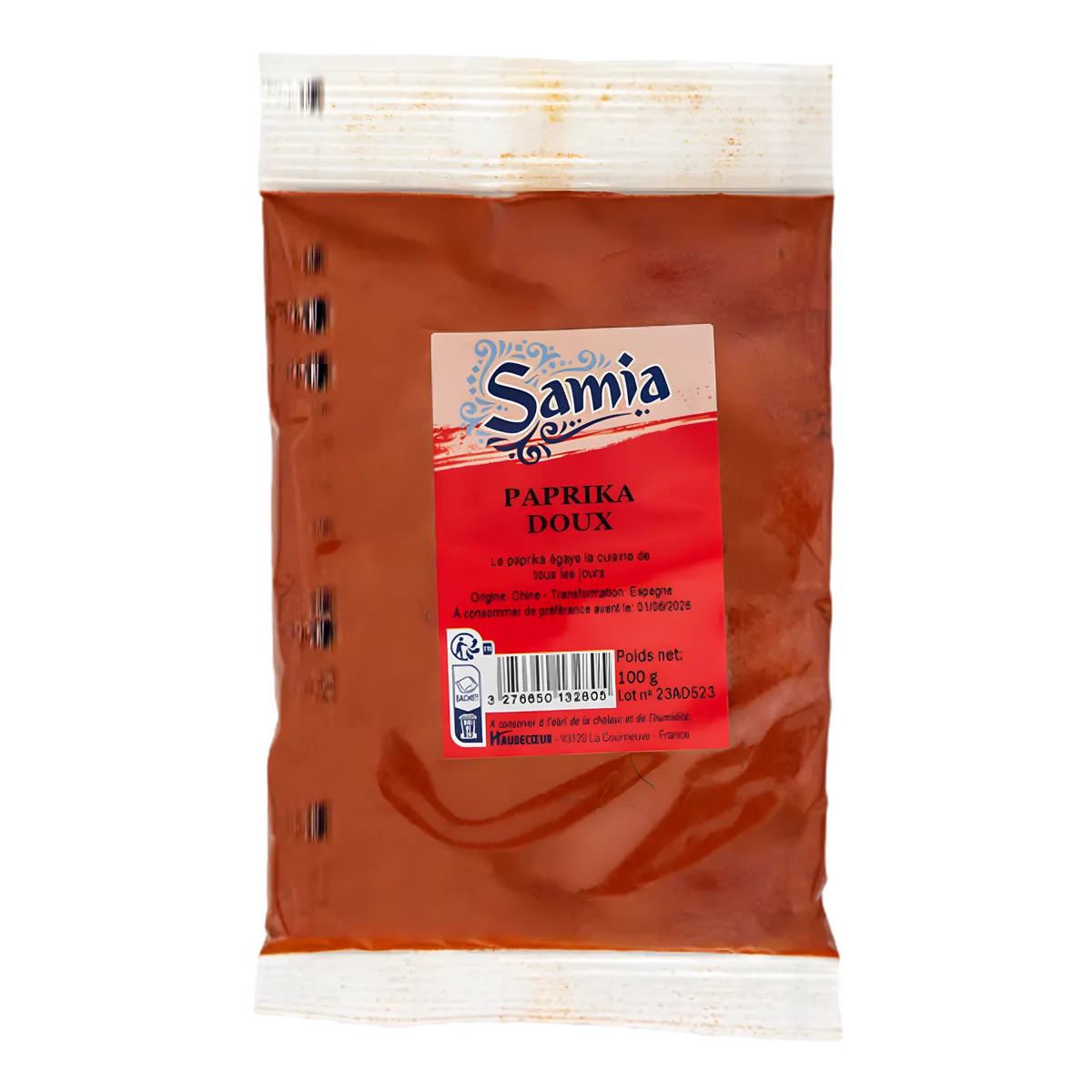 Paprika SAMIA - Épice aromatique en sachet de 100g, idéal pour rehausser vos plats avec sa couleur rouge intense et son goût doux.