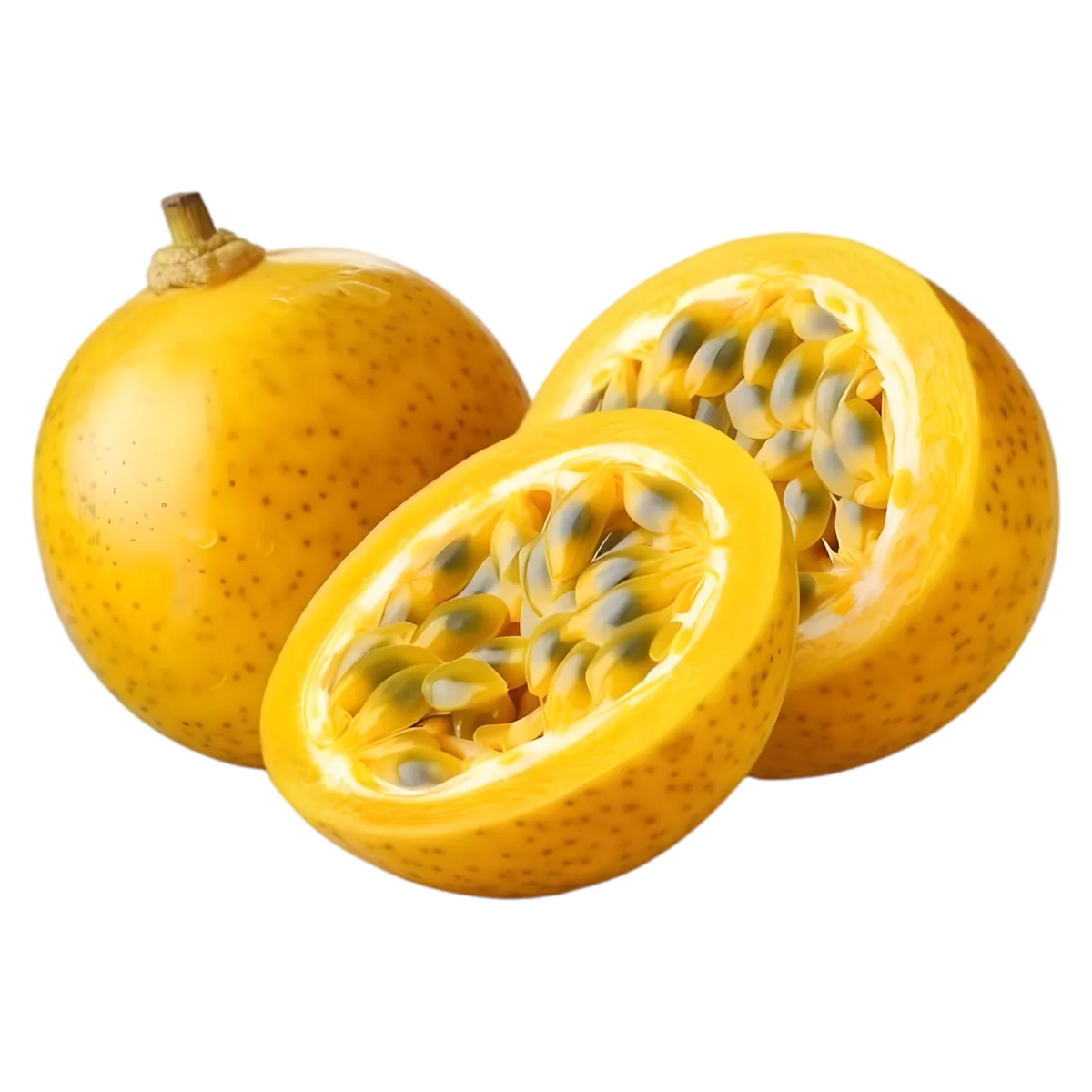 Gros plan de fruits de la passion jaunes frais, utilisés dans les glaces Paradis Passion pour un goût exotique et fruité irrésistible.