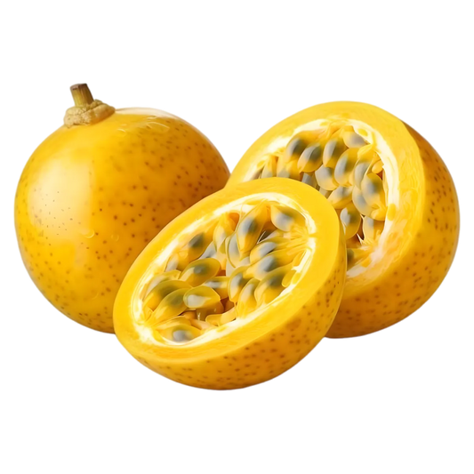 Gros plan de fruits de la passion jaunes frais, utilisés dans les glaces Paradis Passion pour un goût exotique et fruité irrésistible.