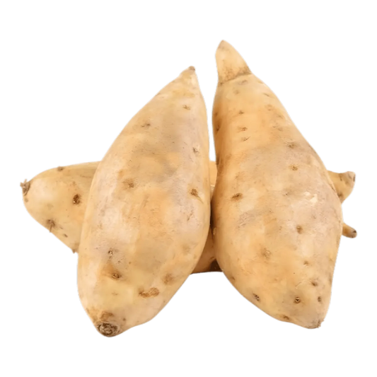 Lot de patates douces à chair blanche, tubercules frais à peau claire, parfaits pour plats exotiques ou sains. Produit frais et naturel.