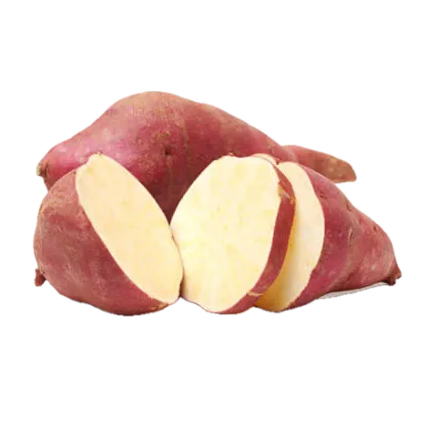 Patate douce à chair blanche coupée, peau rougeâtre et chair crémeuse, parfaite pour cuisson au four ou purée. Saveur douce et tropicale.
