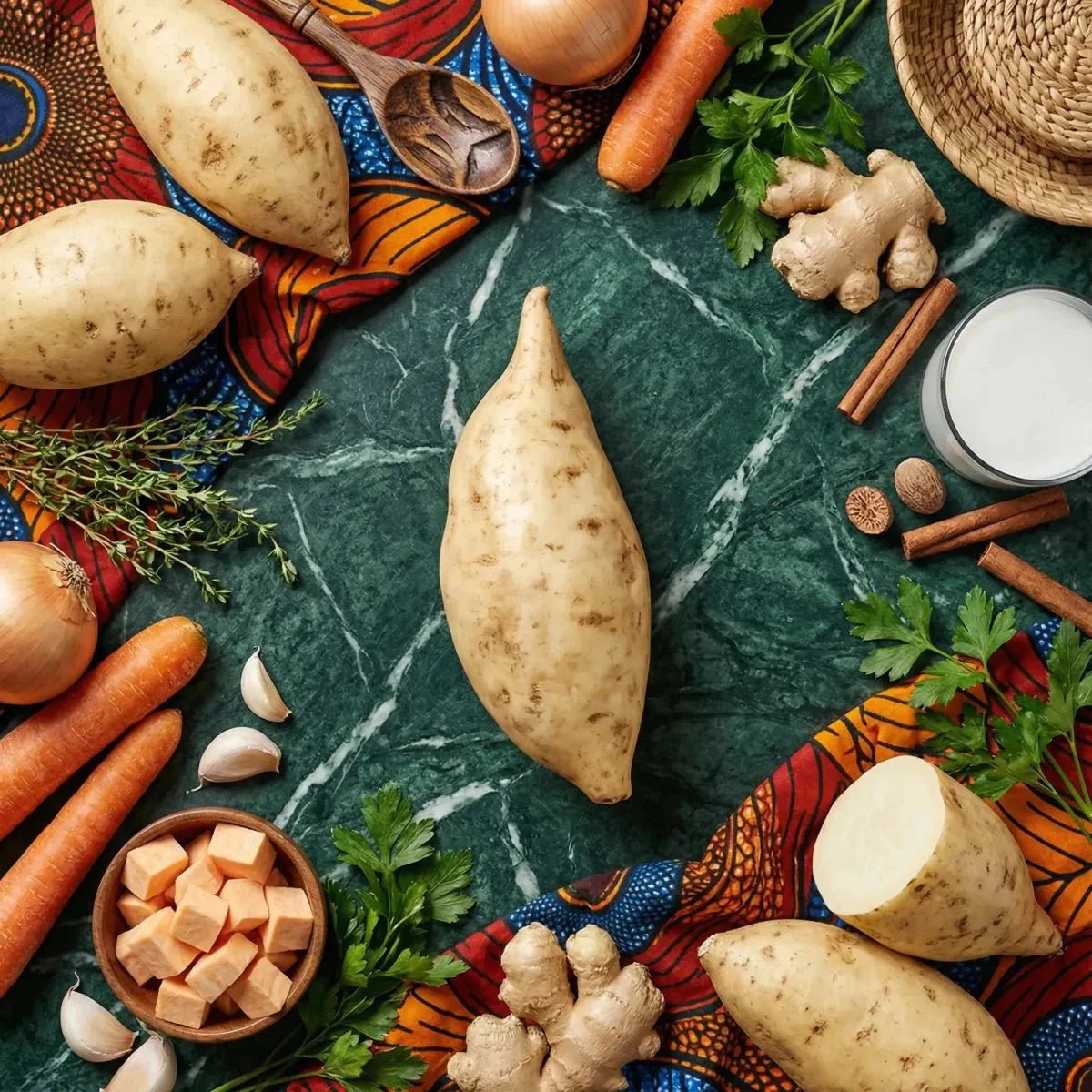 Patata dolce con buccia bianca e polpa bianca, 1kg su tavolo con verdure, spezie e tessuto colorato.