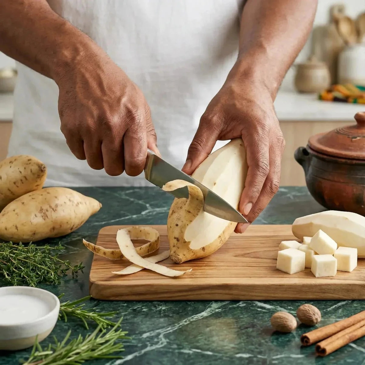 Patata dolce con buccia bianca e polpa bianca: persona che sbuccia in cucina su un tagliere.