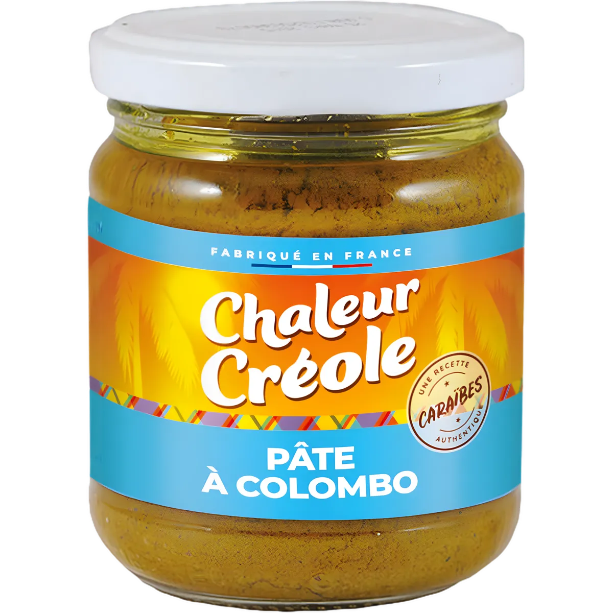 Bocal de pâte à Colombo CHALEUR CREOLE avec étiquette colorée, parfait pour relever vos plats créoles. Épices authentiques fabriquées en France.