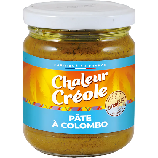 Pâte à Colombo CHALEUR CREOLE en pot en verre, mélange d'épices prêt à l'emploi pour plats créoles. Saveurs authentiques des Caraïbes.