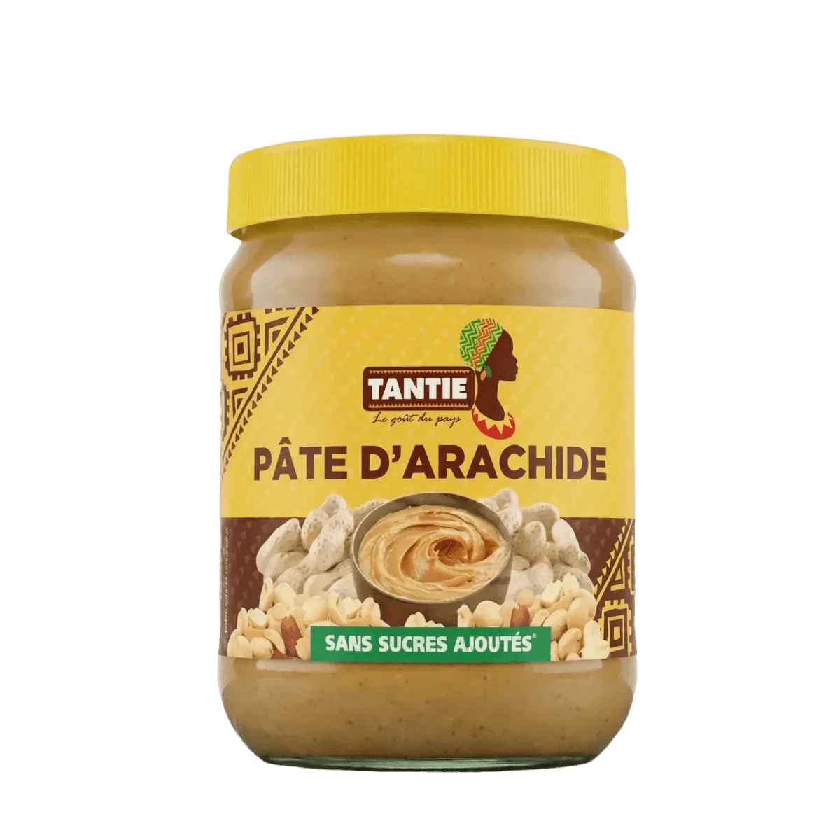 Pindakaas TANTIE 500g. Close-up van een pot romige pindakaas, zonder toegevoegde suikers.