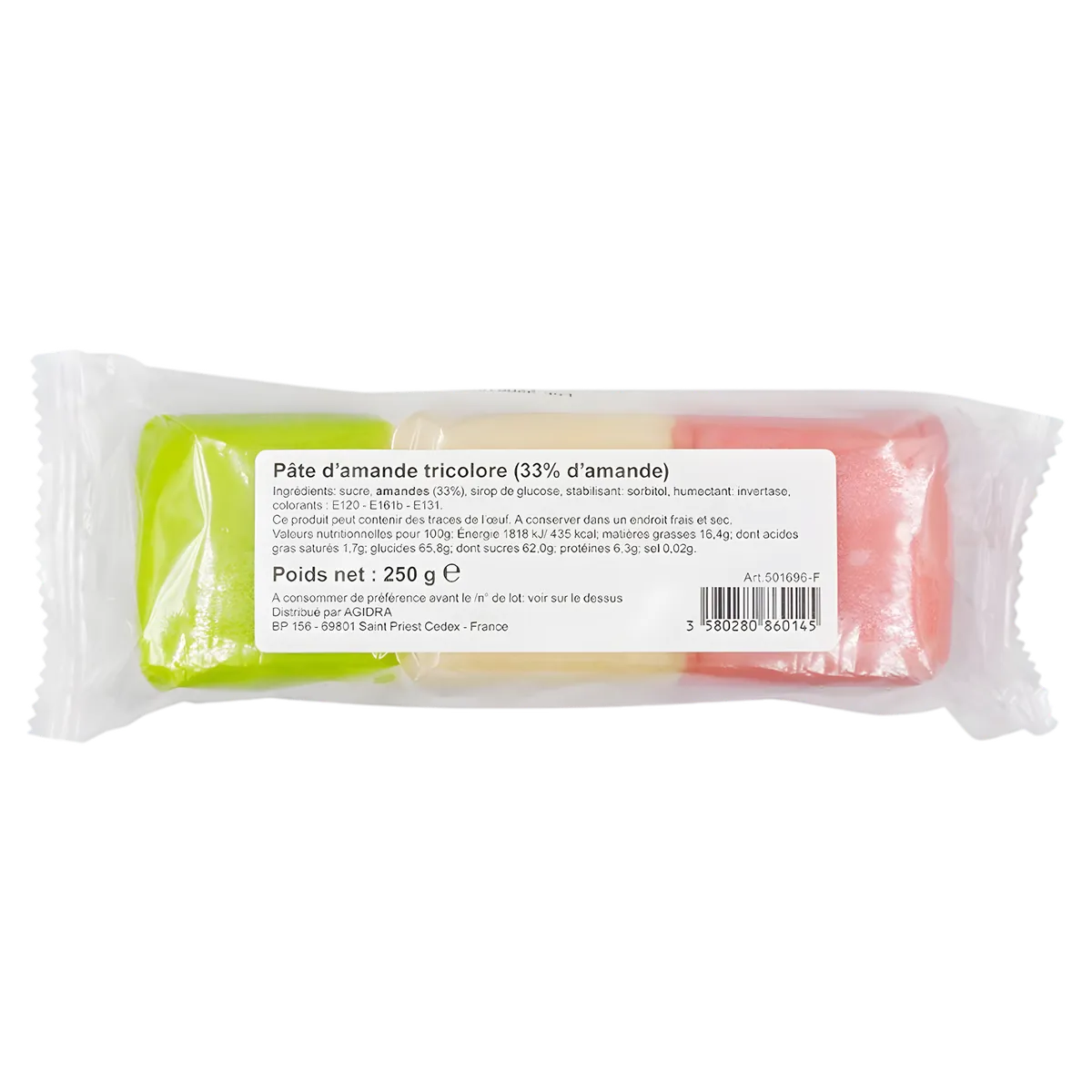 Pate d'amandes Tricolore - Pâtisserie | Douce et Colorée, emballée 250g avec bandes rose, blanche et verte, idéale pour garnitures de tartes.