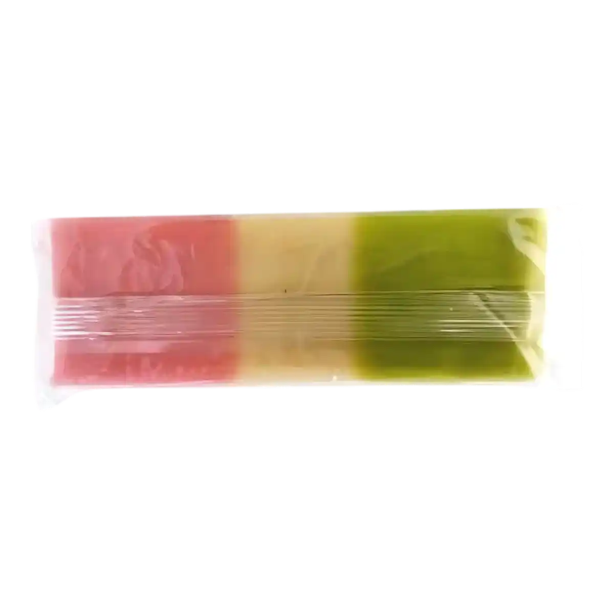 Pâte d'amandes tricolore PROFRUIT non étiquetée, 3 bandes colorées rose, blanc et vert, idéale pour créations pâtissières et décorations.