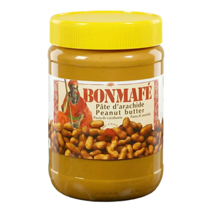Pâte d'arachide BONMAFE, 500g. Étiquette avec femme africaine, arachides.