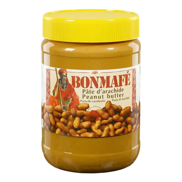 Pâte d'arachide BONMAFE, 500g. Étiquette avec femme africaine, arachides.