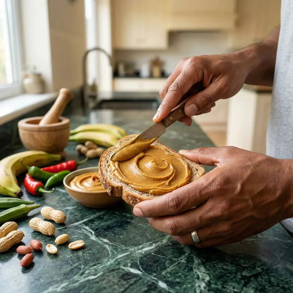 BONMAFE : Pâte d'arachide (500g) sur une tartine faite par une personne, avec des arachides.