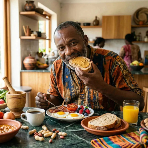 Pâte d'arachide BONMAFE, 500g. Homme dégustant pain à la pâte d'arachide au petit-déjeuner dans.
