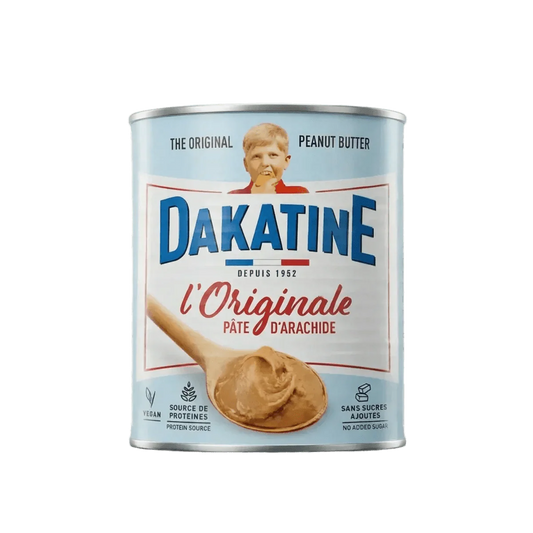 Blik Dakatine pindakaaspasta l'Originale. Retro afbeelding.