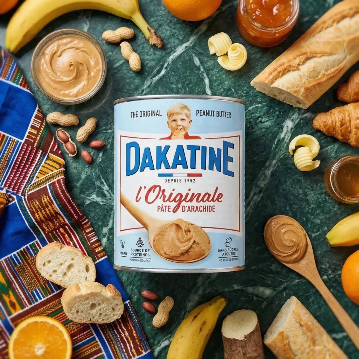Bodegón apetitoso alrededor de una lata de pasta de maní DAKATINE. Frutas frescas, pan.