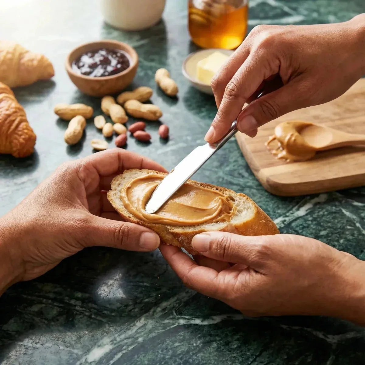 DAKATINE, pasta de maní. Rebanada de pan, mermelada, miel, mantequilla, croissants.