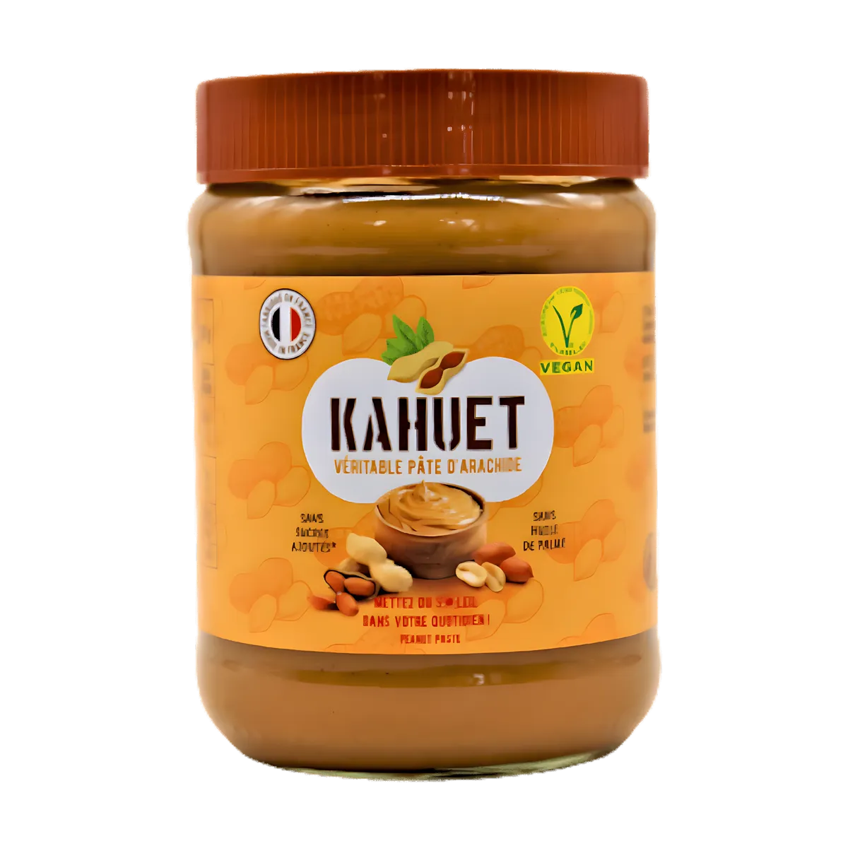 Pot de pâte d'arachide Vegan KAHUET - Naturel & Crémeux, sans sucre ajouté ni huile de palme, idéal pour tartines et recettes sucrées.