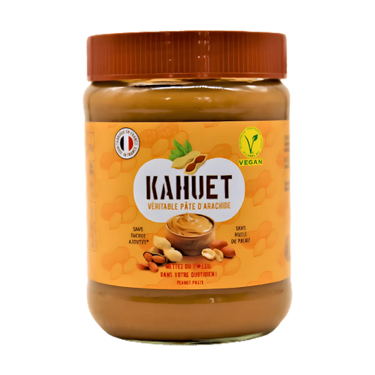 Pot de pâte d'arachide Vegan KAHUET - Naturel & Crémeux, sans sucre ajouté ni huile de palme, idéal pour tartines et recettes sucrées.