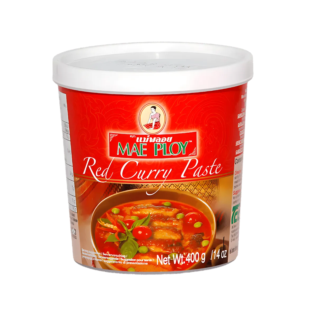 Pâte de curry rouge MAE PLOY 400g en pot, base savoureuse pour plats épicés thaïlandais. Épicerie salée aux saveurs riches et authentiques.