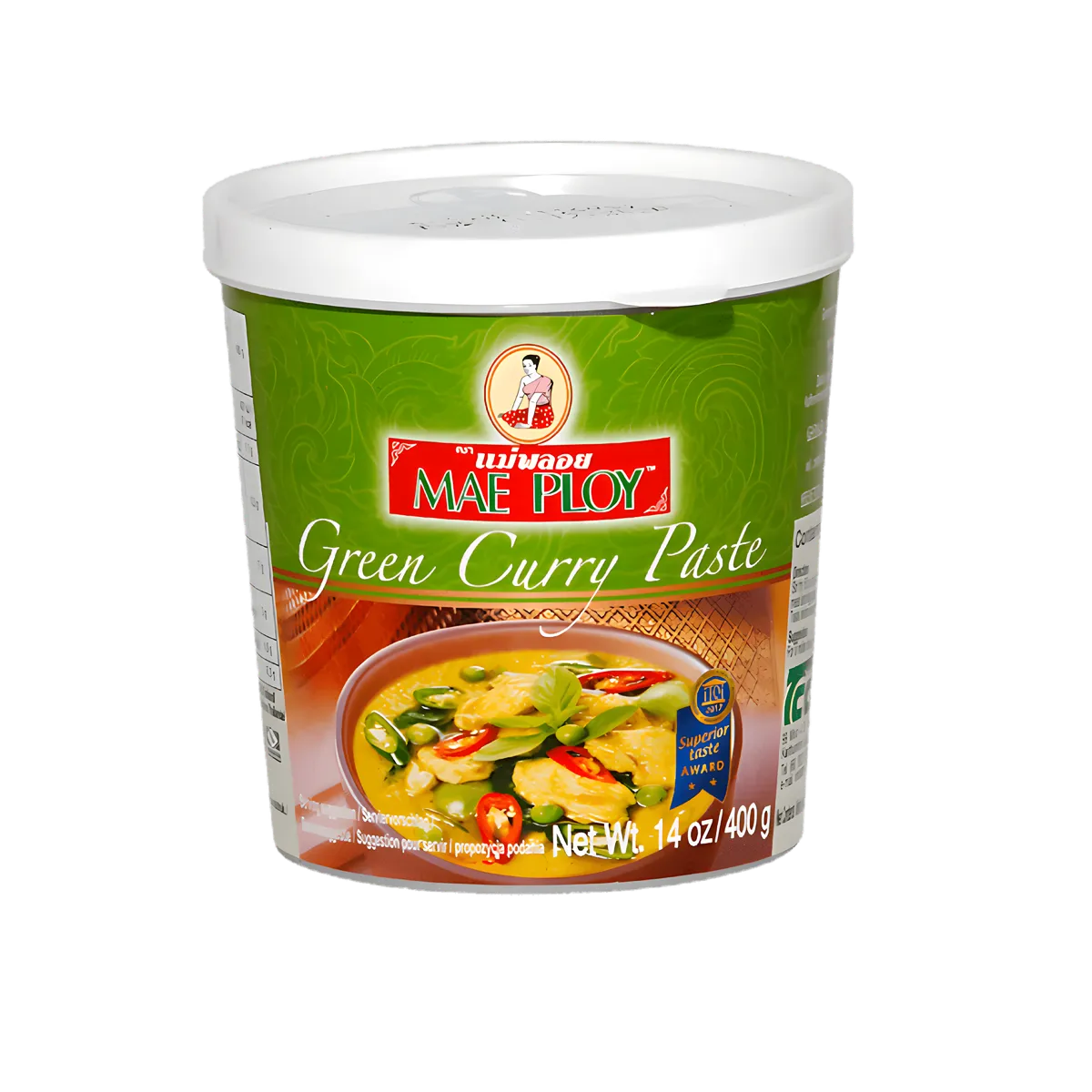 Pâte Curry Vert MAE PLOY - Saveurs Authentiques | Ingrédients Frais, pot de 400g avec étiquette verte, idéal pour plats thaïlandais épicés.