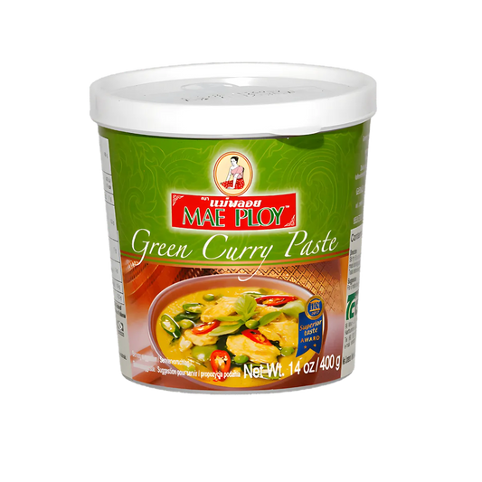 Pâte Curry Vert MAE PLOY - Saveurs Authentiques | Ingrédients Frais, pot de 400g avec étiquette verte, idéal pour plats thaïlandais épicés.