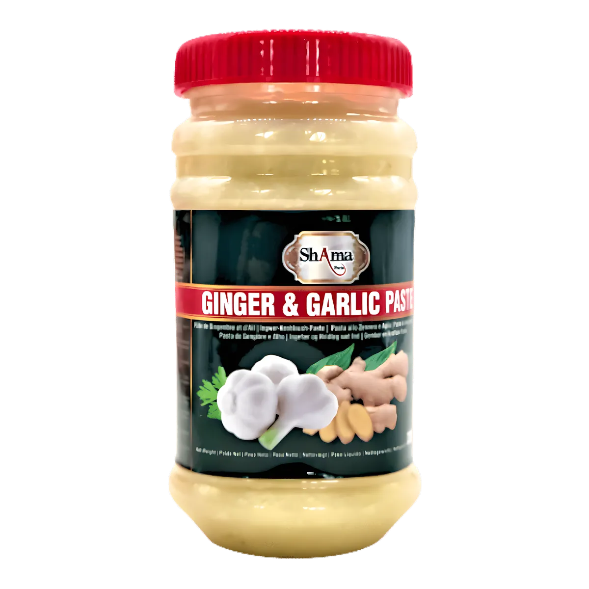 Pâte de gingembre et ail SHAMA en pot avec couvercle rouge, idéale pour recettes, marinades et plats mijotés. Épicerie salée aux saveurs intenses.