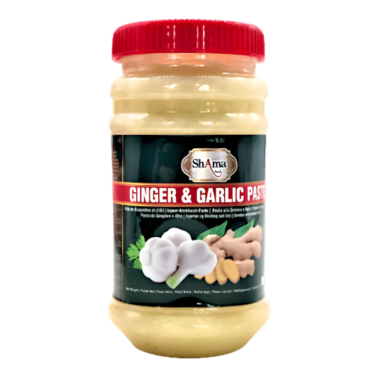 Pâte de gingembre et ail SHAMA en pot avec couvercle rouge, idéale pour recettes, marinades et plats mijotés. Épicerie salée aux saveurs intenses.