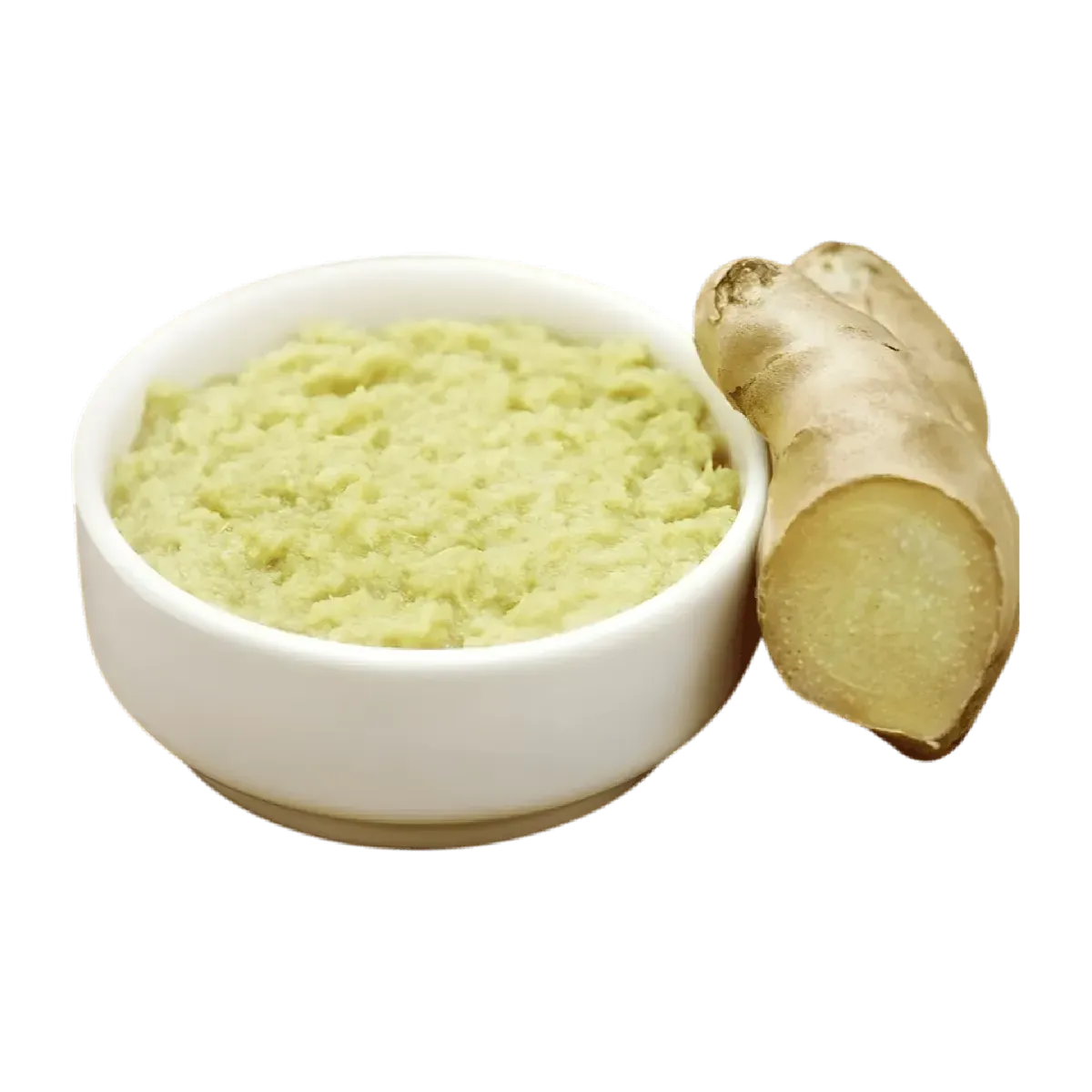 Bol de pâte de gingembre avec racine de gingembre fraîche, parfait pour plats épicés. Ingrédient essentiel en épicerie salée.