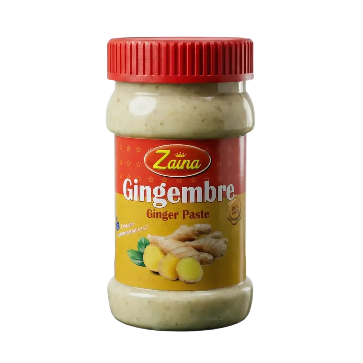 Gemberpasta ZAINA 750g in pot. Geel etiket met gember.