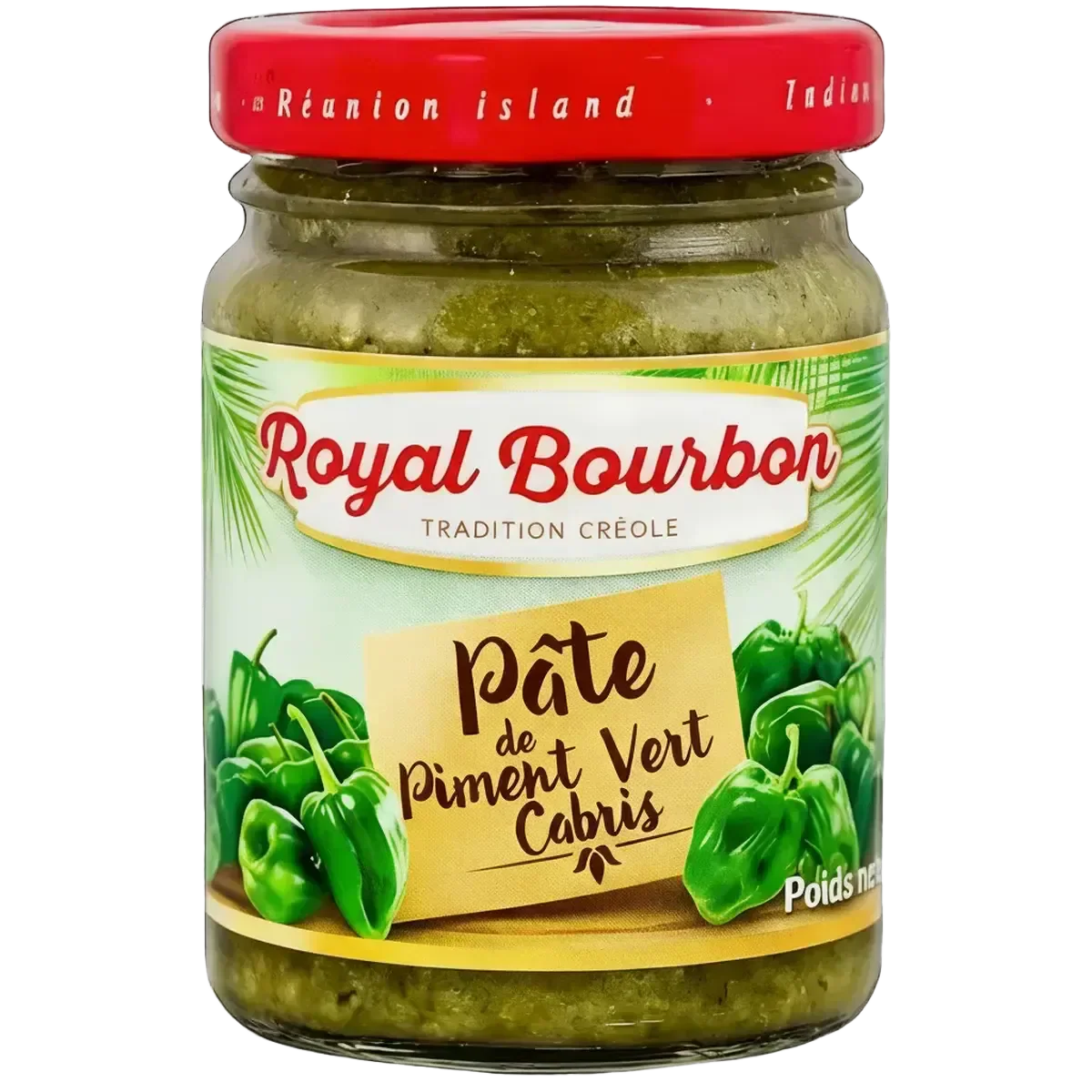 Groene cabris chilipeperpasta ROYAL BOURBON, 90g. Glazen pot met rood deksel. Etiket.