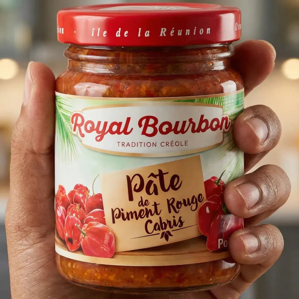 Pasta di Peperoncino Rosso Cabris Royal Bourbon, un prodotto speziato della Riunione, mostrato in una mano.