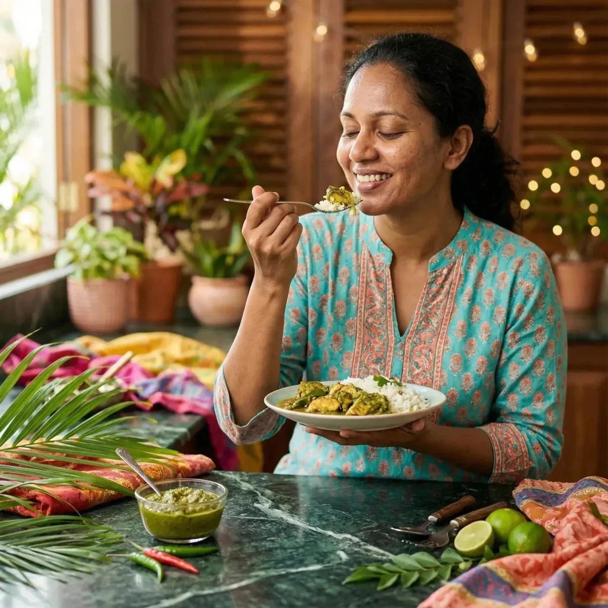 A smiling woman enjoys an exotic dish made with Chaleur Créole green chili paste.