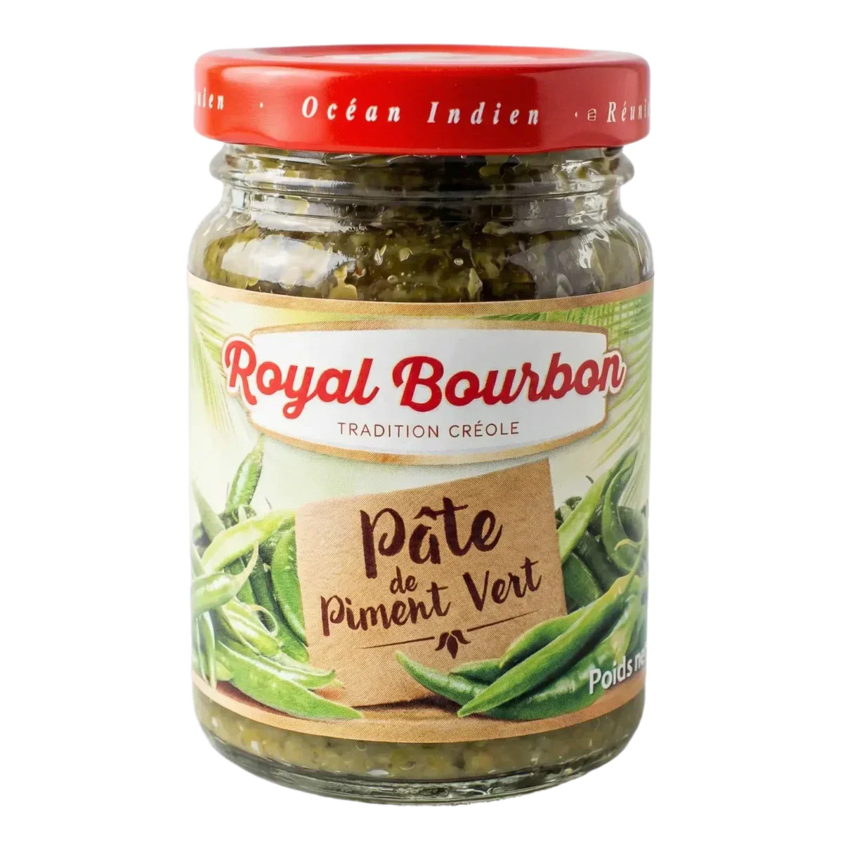 Groene pepersaus ROYAL BOURBON in glazen pot. Etiket met groene pepers.