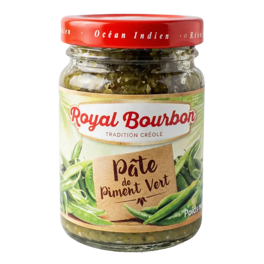 Groene pepersaus ROYAL BOURBON in glazen pot. Etiket met groene pepers.