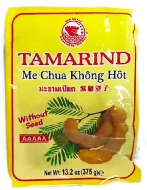 Emballage de pâte de tamarin RED DRAGON sans noyaux 375g, 100% tamarin, idéal pour sauces et marinades en épicerie salée.
