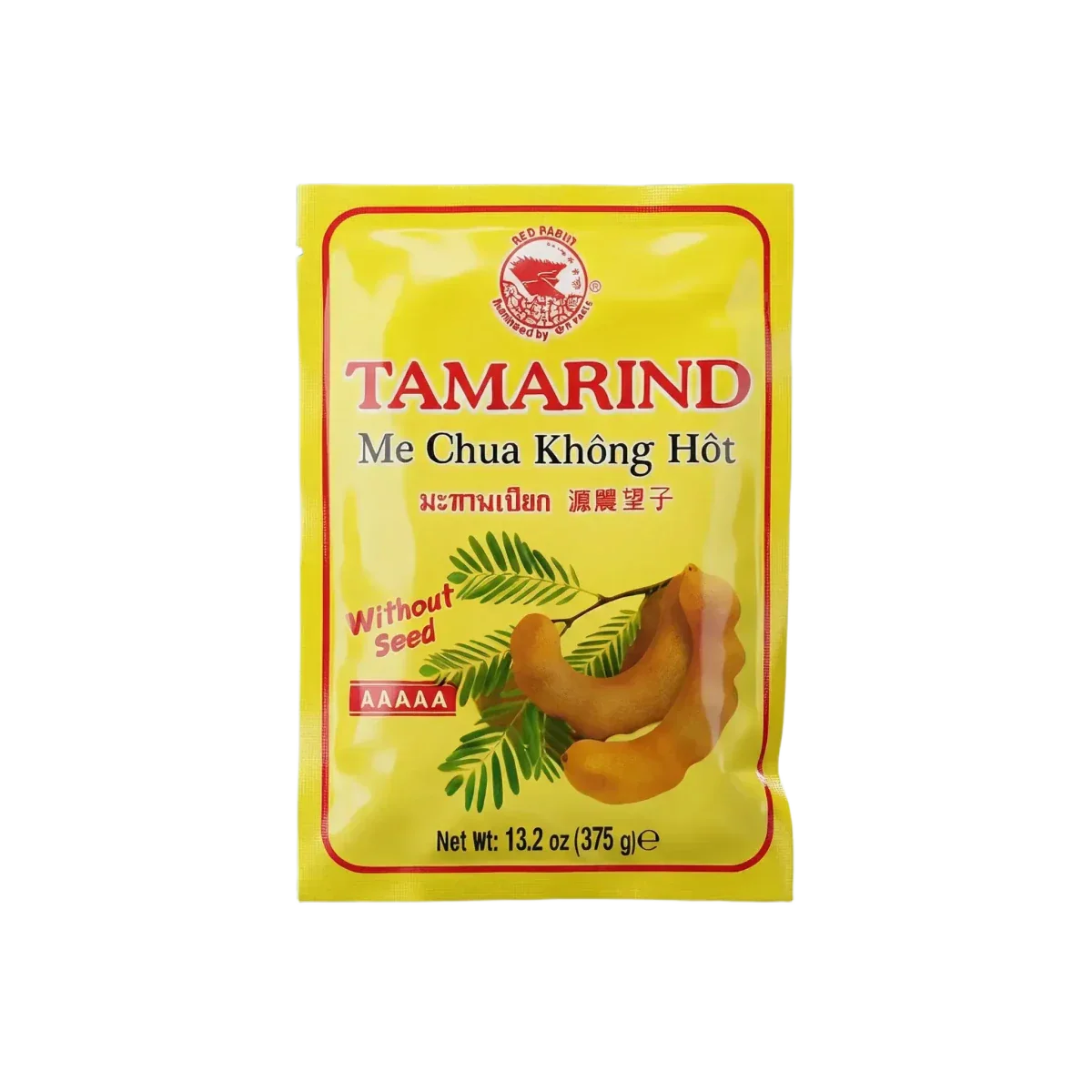 Overzicht van een zak tamarindepasta RED RABIIT, zonder pitten, 375g, op gele achtergrond.