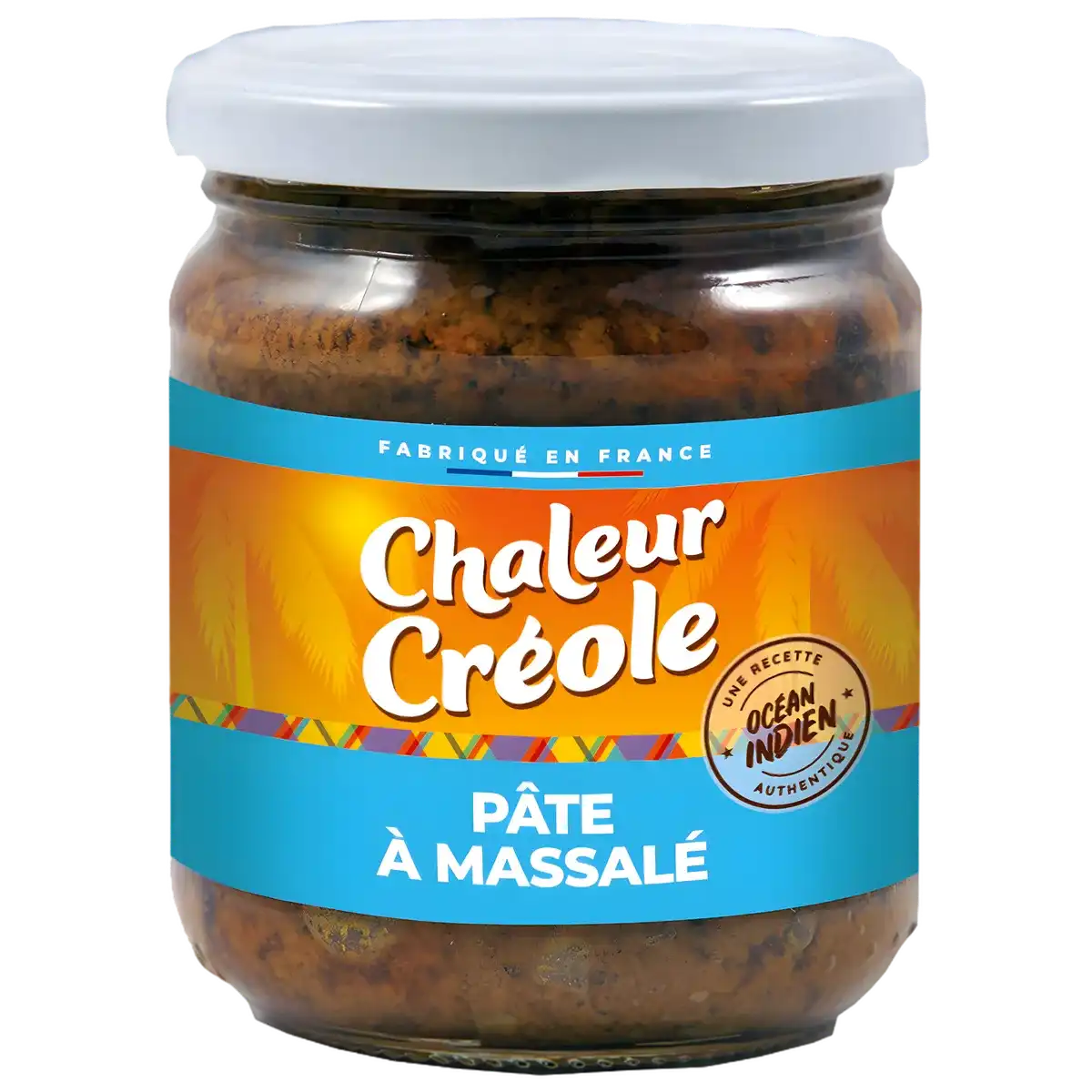 Bocal de Pâte Massale CHALEUR CREOLE - Épices Authentiques et uniques, mélange d'épices créoles pour cuisine exotique, étiquette colorée.