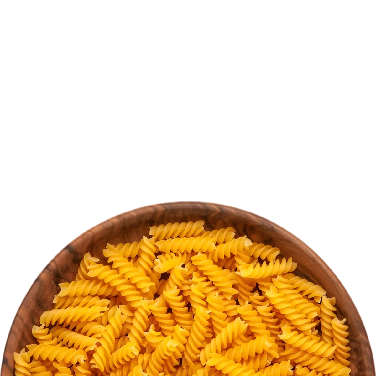 Fusilli Samia Pâtes - Plat Polyvalent | Texture Idéale, gros plan sur des pâtes fusilli crues dans un bol en bois, idéales pour retenir les sauces.