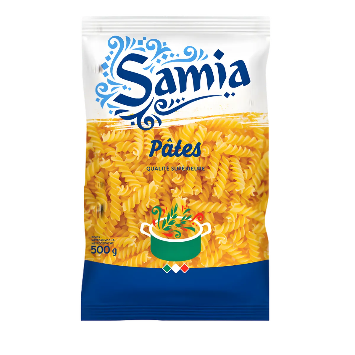 Fusilli Samia Pâtes - Plat Polyvalent | Texture Idéale, paquet de 500g de pâtes fusilli en semoule de blé dur, parfait pour l'épicerie salée.