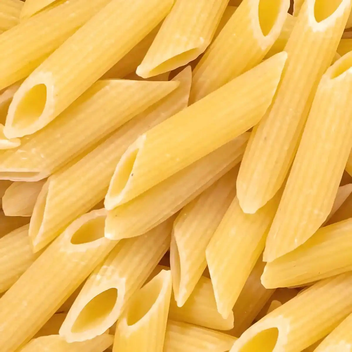 Gros plan sur les pâtes Penne Rigate SAMIA non cuites, montrant leur forme rainurée idéale pour retenir les sauces et offrir une texture al dente.