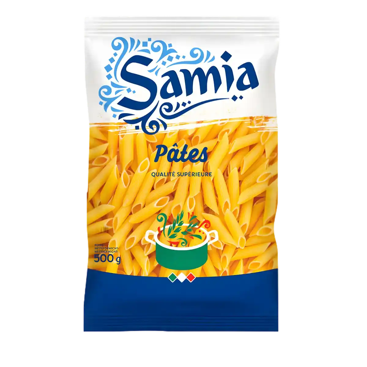 Pâtes Penne Rigate SAMIA 500g en sachet, qualité supérieure, idéales pour les sauces. Texture al dente parfaite pour l'épicerie salée.