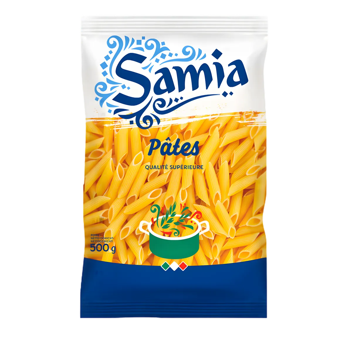 Pâtes Penne Rigate SAMIA 500g en sachet, idéales pour les sauces, texture al dente, épicerie salée de qualité supérieure.