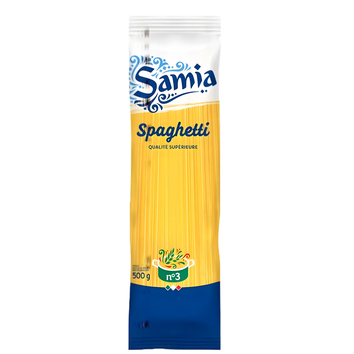 Pâtes spaghetti n°3 SAMIA 500g en emballage vertical, idéales pour des recettes al dente. Épicerie salée à base de blé dur de qualité supérieure.