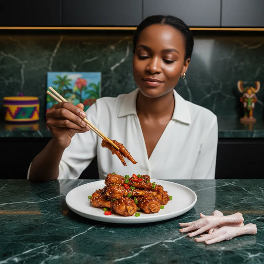 Femme dégustant des pattes de poulet halal cuisinées, accompagnées de légumes. Volaille savoureuse parfaite pour plats exotiques.