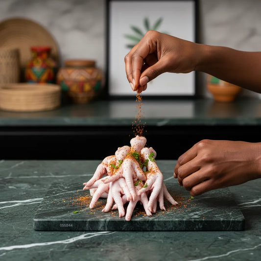 Assaisonnement de pattes de poulet halal sur planche de cuisine. Volaille surgelée idéale pour ragoûts épicés et plats mijotés.