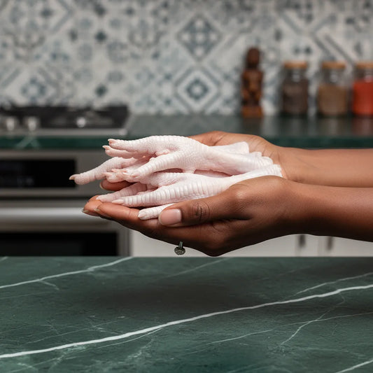 Main tenant des pattes de poulet halal surgelées, volaille tendre pour soupes maison. Ingrédient essentiel pour recettes traditionnelles.