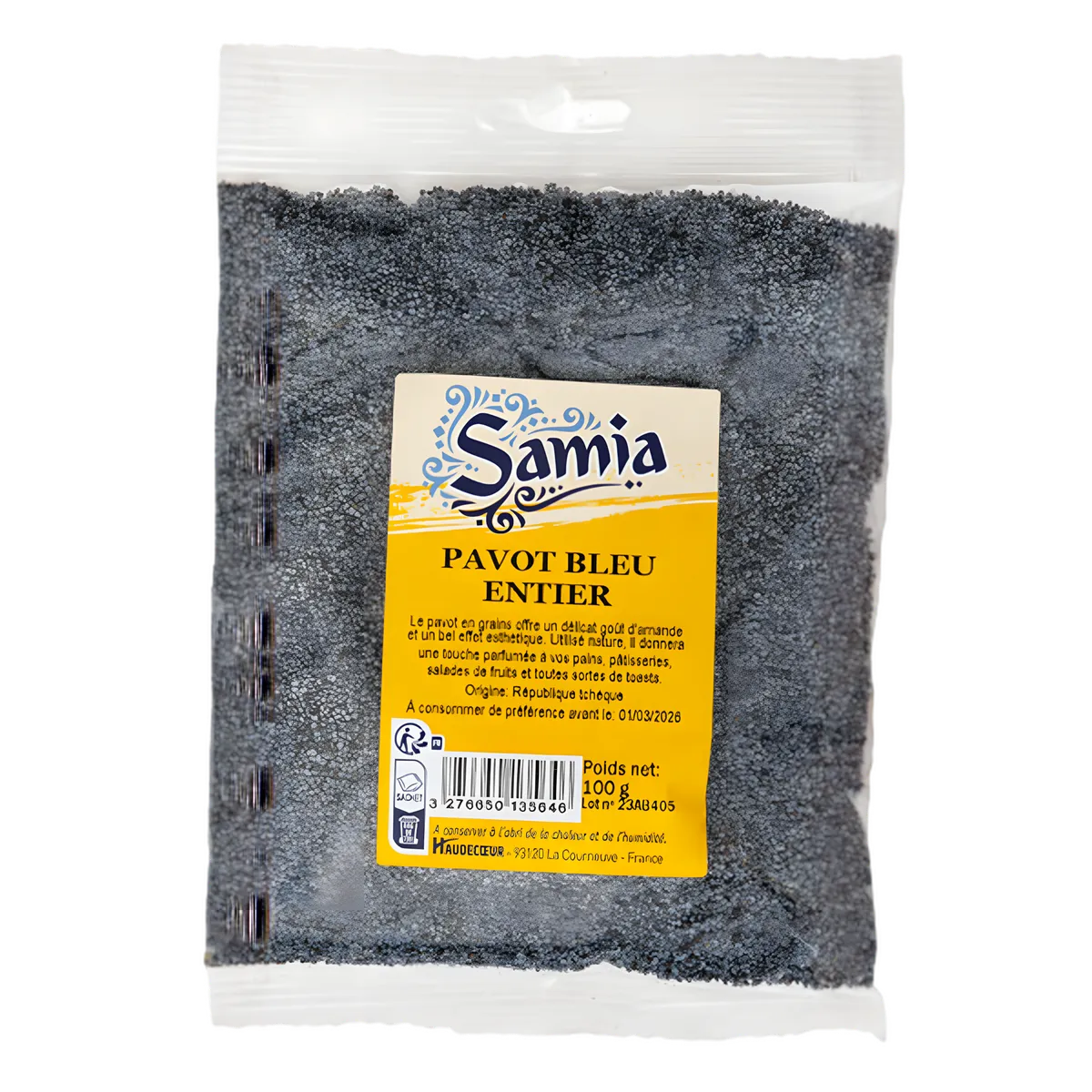 Pavot bleu entier SAMIA en sachet de 100g, graines aromatiques pour cuisine, ÉPICERIE SALÉE - NKOSI, parfait pour plats et pâtisseries.
