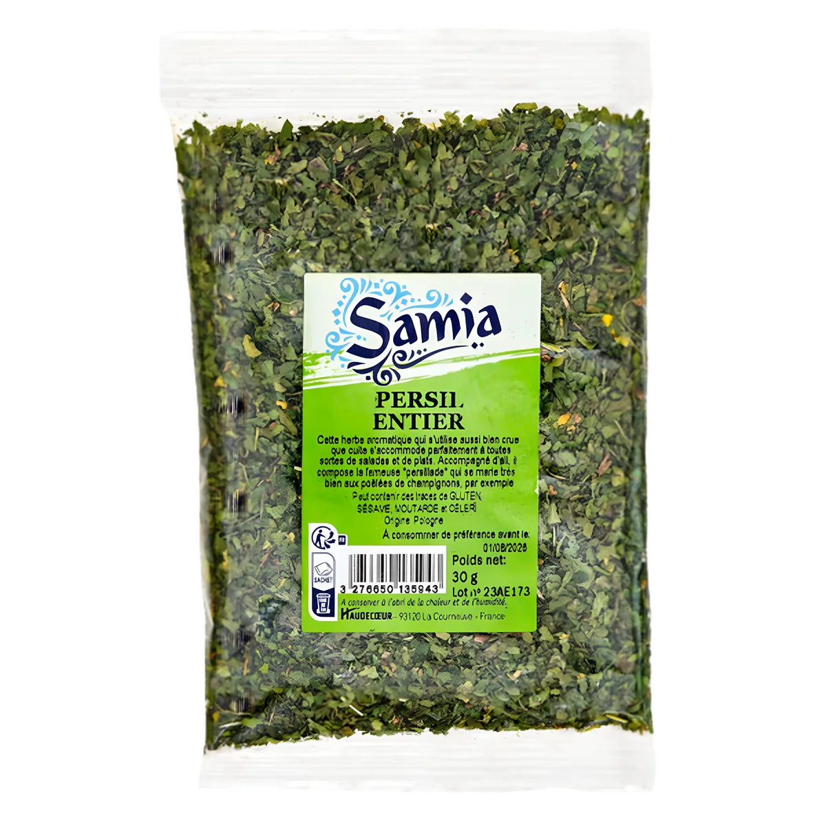 Persil entier SAMIA en sachet transparent de 30g, herbe aromatique séchée pour assaisonner les plats - ÉPICERIE SALÉE - NKOSI.