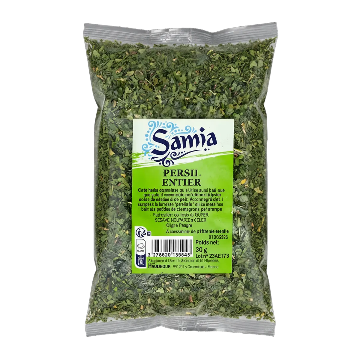 Persil entier SAMIA - Herbe Aromatique en sachet de 30g, parfait pour réhausser plats avec fraîcheur et couleur dans l'épicerie salée.