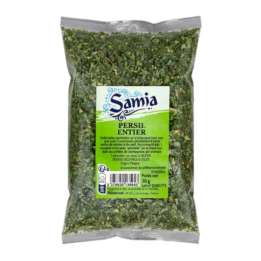 Persil entier SAMIA - Herbe Aromatique en sachet de 30g, parfait pour réhausser plats avec fraîcheur et couleur dans l'épicerie salée.